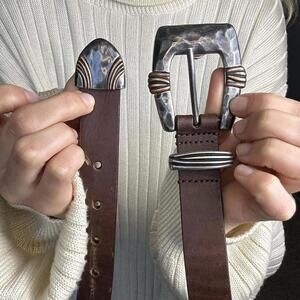 Brown leather belt with silver & brown accents